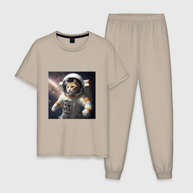 Мужская пижама хлопок с принтом Кот астронавт cosmos collection в Кировске, 100% хлопок | брюки и футболка прямого кроя, без карманов, на брюках мягкая резинка на поясе и по низу штанин
 | Тематика изображения на принте: 