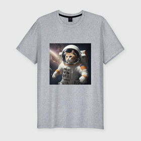 Мужская футболка хлопок Slim с принтом Кот астронавт cosmos collection в Белгороде, 92% хлопок, 8% лайкра | приталенный силуэт, круглый вырез ворота, длина до линии бедра, короткий рукав | 