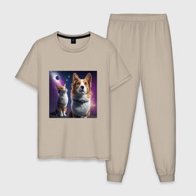 Мужская пижама хлопок с принтом Собака и кот в космосе в Петрозаводске, 100% хлопок | брюки и футболка прямого кроя, без карманов, на брюках мягкая резинка на поясе и по низу штанин
 | 