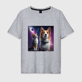 Мужская футболка хлопок Oversize с принтом Собака и кот в космосе в Тюмени, 100% хлопок | свободный крой, круглый ворот, “спинка” длиннее передней части | 