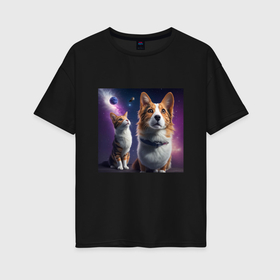 Женская футболка хлопок Oversize с принтом Собака и кот в космосе , 100% хлопок | свободный крой, круглый ворот, спущенный рукав, длина до линии бедер
 | 