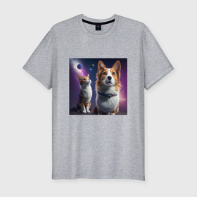 Мужская футболка хлопок Slim с принтом Собака и кот в космосе в Курске, 92% хлопок, 8% лайкра | приталенный силуэт, круглый вырез ворота, длина до линии бедра, короткий рукав | 