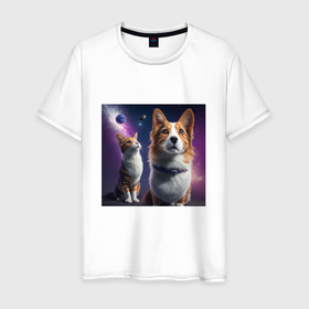 Мужская футболка хлопок с принтом Собака и кот в космосе в Кировске, 100% хлопок | прямой крой, круглый вырез горловины, длина до линии бедер, слегка спущенное плечо. | 
