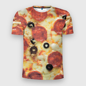 Мужская футболка 3D Slim с принтом Пицца с оливками , 100% полиэстер с улучшенными характеристиками | приталенный силуэт, круглая горловина, широкие плечи, сужается к линии бедра | 