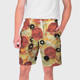 Мужские шорты 3D с принтом Пицца с оливками ,  полиэстер 100% | прямой крой, два кармана без застежек по бокам. Мягкая трикотажная резинка на поясе, внутри которой широкие завязки. Длина чуть выше колен | Тематика изображения на принте: 