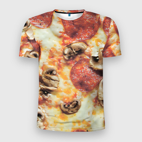 Мужская футболка 3D Slim с принтом Пицца с грибами в Тюмени, 100% полиэстер с улучшенными характеристиками | приталенный силуэт, круглая горловина, широкие плечи, сужается к линии бедра | 