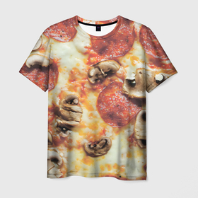 Мужская футболка 3D с принтом Пицца с грибами в Тюмени, 100% полиэфир | прямой крой, круглый вырез горловины, длина до линии бедер | 