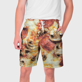 Мужские шорты 3D с принтом Пицца с грибами в Тюмени,  полиэстер 100% | прямой крой, два кармана без застежек по бокам. Мягкая трикотажная резинка на поясе, внутри которой широкие завязки. Длина чуть выше колен | 
