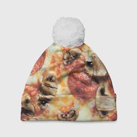 Шапка 3D c помпоном с принтом Пицца с грибами в Курске, 100% полиэстер | универсальный размер, печать по всей поверхности изделия | 