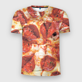 Мужская футболка 3D Slim с принтом Пицца с салями в Новосибирске, 100% полиэстер с улучшенными характеристиками | приталенный силуэт, круглая горловина, широкие плечи, сужается к линии бедра | Тематика изображения на принте: 