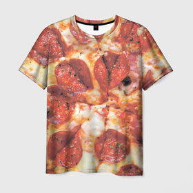 Мужская футболка 3D с принтом Пицца с салями в Новосибирске, 100% полиэфир | прямой крой, круглый вырез горловины, длина до линии бедер | Тематика изображения на принте: 