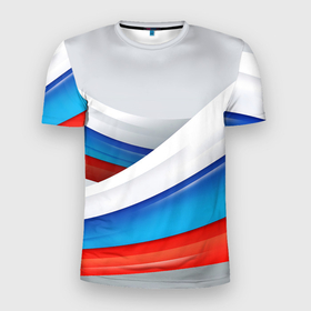 Мужская футболка 3D Slim с принтом Российские флаги в Тюмени, 100% полиэстер с улучшенными характеристиками | приталенный силуэт, круглая горловина, широкие плечи, сужается к линии бедра | 
