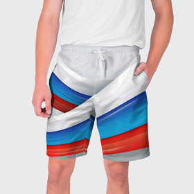 Мужские шорты 3D с принтом Российские флаги в Кировске,  полиэстер 100% | прямой крой, два кармана без застежек по бокам. Мягкая трикотажная резинка на поясе, внутри которой широкие завязки. Длина чуть выше колен | 