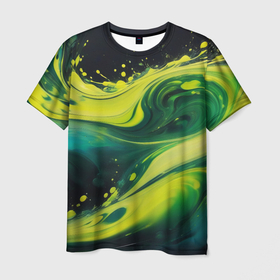 Мужская футболка 3D с принтом Жидкая текущая зеленая краска , 100% полиэфир | прямой крой, круглый вырез горловины, длина до линии бедер | 