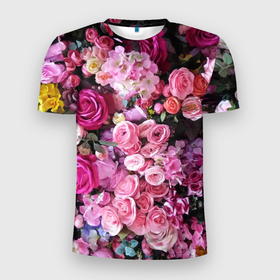Мужская футболка 3D Slim с принтом Изобилие цветов в Екатеринбурге, 100% полиэстер с улучшенными характеристиками | приталенный силуэт, круглая горловина, широкие плечи, сужается к линии бедра | 