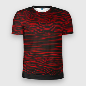 Мужская футболка 3D Slim с принтом Красные горизонтальные полосы на черном фоне в Санкт-Петербурге, 100% полиэстер с улучшенными характеристиками | приталенный силуэт, круглая горловина, широкие плечи, сужается к линии бедра | 