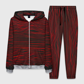 Мужской костюм 3D с принтом Красные горизонтальные полосы на черном фоне в Курске, 100% полиэстер | Манжеты и пояс оформлены тканевой резинкой, двухслойный капюшон со шнурком для регулировки, карманы спереди | 