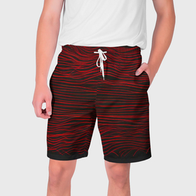 Мужские шорты 3D с принтом Красные горизонтальные полосы на черном фоне в Екатеринбурге,  полиэстер 100% | прямой крой, два кармана без застежек по бокам. Мягкая трикотажная резинка на поясе, внутри которой широкие завязки. Длина чуть выше колен | 