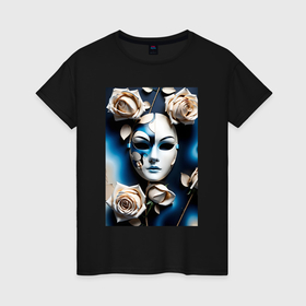 Женская футболка хлопок с принтом Маска и розы   нейросеть в Петрозаводске, 100% хлопок | прямой крой, круглый вырез горловины, длина до линии бедер, слегка спущенное плечо | 