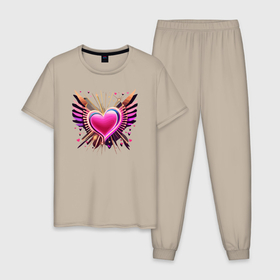 Мужская пижама хлопок с принтом Светящее сердце с крыльями в Белгороде, 100% хлопок | брюки и футболка прямого кроя, без карманов, на брюках мягкая резинка на поясе и по низу штанин
 | 