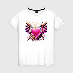 Женская футболка хлопок с принтом Светящее сердце с крыльями в Новосибирске, 100% хлопок | прямой крой, круглый вырез горловины, длина до линии бедер, слегка спущенное плечо | 