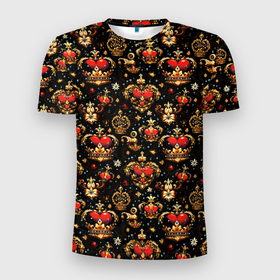 Мужская футболка 3D Slim с принтом Сердечки в золотых коронах в Белгороде, 100% полиэстер с улучшенными характеристиками | приталенный силуэт, круглая горловина, широкие плечи, сужается к линии бедра | 
