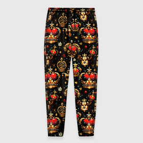 Мужские брюки 3D с принтом Сердечки в золотых коронах в Санкт-Петербурге, 100% полиэстер | манжеты по низу, эластичный пояс регулируется шнурком, по бокам два кармана без застежек, внутренняя часть кармана из мелкой сетки | 
