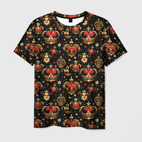 Мужская футболка 3D с принтом Сердечки в золотых коронах в Санкт-Петербурге, 100% полиэфир | прямой крой, круглый вырез горловины, длина до линии бедер | 