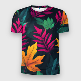 Мужская футболка 3D Slim с принтом Осенние листья клён и дуб в Кировске, 100% полиэстер с улучшенными характеристиками | приталенный силуэт, круглая горловина, широкие плечи, сужается к линии бедра | 