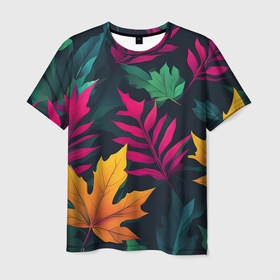 Мужская футболка 3D с принтом Осенние листья клён и дуб в Кировске, 100% полиэфир | прямой крой, круглый вырез горловины, длина до линии бедер | Тематика изображения на принте: 