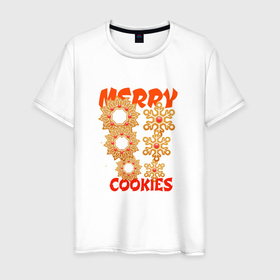 Мужская футболка хлопок с принтом Счастливые рождественские печеньки в Петрозаводске, 100% хлопок | прямой крой, круглый вырез горловины, длина до линии бедер, слегка спущенное плечо. | Тематика изображения на принте: 