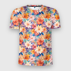 Мужская футболка 3D Slim с принтом Цветочный акварельный узор в Белгороде, 100% полиэстер с улучшенными характеристиками | приталенный силуэт, круглая горловина, широкие плечи, сужается к линии бедра | 