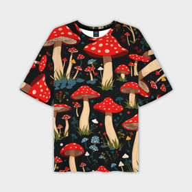 Мужская футболка oversize 3D с принтом Красные мухоморы в белый горошек   лес грибы ,  |  | 