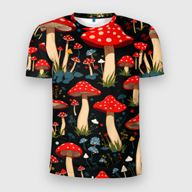 Мужская футболка 3D Slim с принтом Красные мухоморы в белый горошек   лес грибы в Белгороде, 100% полиэстер с улучшенными характеристиками | приталенный силуэт, круглая горловина, широкие плечи, сужается к линии бедра | Тематика изображения на принте: 