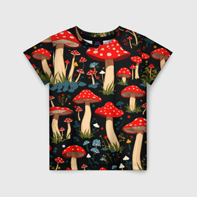 Детская футболка 3D с принтом Красные мухоморы в белый горошек   лес грибы в Новосибирске, 100% гипоаллергенный полиэфир | прямой крой, круглый вырез горловины, длина до линии бедер, чуть спущенное плечо, ткань немного тянется | Тематика изображения на принте: 