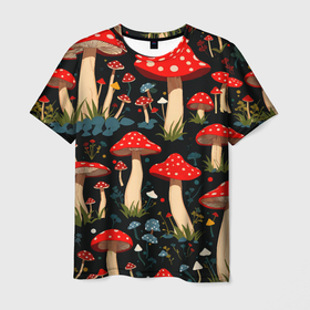 Мужская футболка 3D с принтом Красные мухоморы в белый горошек   лес грибы в Белгороде, 100% полиэфир | прямой крой, круглый вырез горловины, длина до линии бедер | Тематика изображения на принте: 