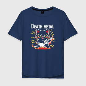 Мужская футболка хлопок Oversize с принтом Death metal   котик с гитарой в Белгороде, 100% хлопок | свободный крой, круглый ворот, “спинка” длиннее передней части | 