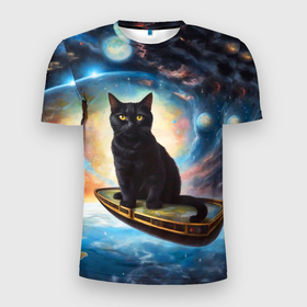 Мужская футболка 3D Slim с принтом Черный кот на космическом корабле летящий в космосе на фоне галактик в Тюмени, 100% полиэстер с улучшенными характеристиками | приталенный силуэт, круглая горловина, широкие плечи, сужается к линии бедра | 