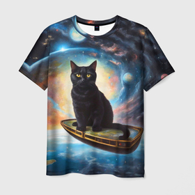 Мужская футболка 3D с принтом Черный кот на космическом корабле летящий в космосе на фоне галактик в Кировске, 100% полиэфир | прямой крой, круглый вырез горловины, длина до линии бедер | Тематика изображения на принте: 