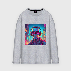 Мужской лонгслив oversize хлопок с принтом Скелет в больших очках и наушниках в городе Новоалтайск,  |  | 