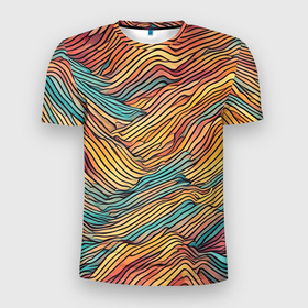 Мужская футболка 3D Slim с принтом Разноцветные волнистые линии в Тюмени, 100% полиэстер с улучшенными характеристиками | приталенный силуэт, круглая горловина, широкие плечи, сужается к линии бедра | 