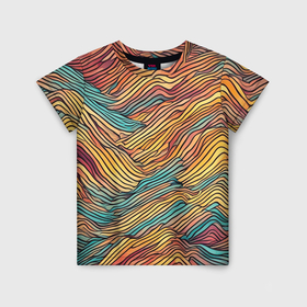 Детская футболка 3D с принтом Разноцветные волнистые линии в Тюмени, 100% гипоаллергенный полиэфир | прямой крой, круглый вырез горловины, длина до линии бедер, чуть спущенное плечо, ткань немного тянется | 