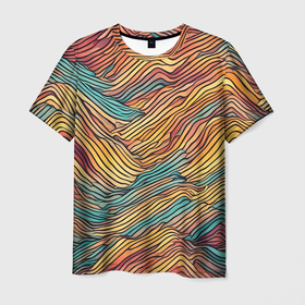 Мужская футболка 3D с принтом Разноцветные волнистые линии в Тюмени, 100% полиэфир | прямой крой, круглый вырез горловины, длина до линии бедер | 