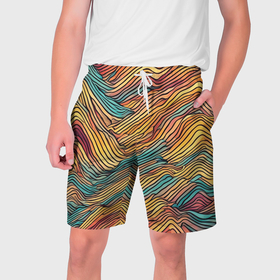 Мужские шорты 3D с принтом Разноцветные волнистые линии в Тюмени,  полиэстер 100% | прямой крой, два кармана без застежек по бокам. Мягкая трикотажная резинка на поясе, внутри которой широкие завязки. Длина чуть выше колен | 