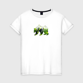 Женская футболка хлопок с принтом Силуэт медведя с горами и деревьями в Кировске, 100% хлопок | прямой крой, круглый вырез горловины, длина до линии бедер, слегка спущенное плечо | 