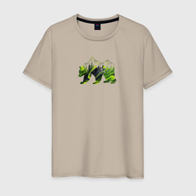 Мужская футболка хлопок с принтом Силуэт медведя с горами и деревьями в Кировске, 100% хлопок | прямой крой, круглый вырез горловины, длина до линии бедер, слегка спущенное плечо. | 