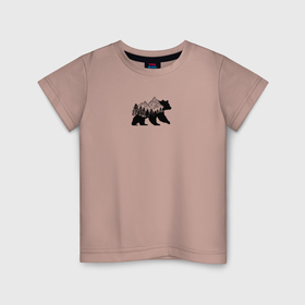 Детская футболка хлопок с принтом Медведь с горами и лесом , 100% хлопок | круглый вырез горловины, полуприлегающий силуэт, длина до линии бедер | Тематика изображения на принте: 