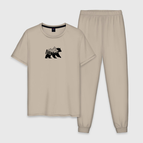 Мужская пижама хлопок с принтом Медведь с горами и лесом , 100% хлопок | брюки и футболка прямого кроя, без карманов, на брюках мягкая резинка на поясе и по низу штанин
 | Тематика изображения на принте: 