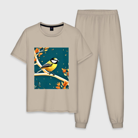 Мужская пижама хлопок с принтом Синица на ветке в Тюмени, 100% хлопок | брюки и футболка прямого кроя, без карманов, на брюках мягкая резинка на поясе и по низу штанин
 | 