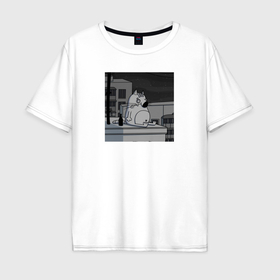 Мужская футболка хлопок Oversize с принтом Грустный кот сидит и курит на крыше черно белый в Екатеринбурге, 100% хлопок | свободный крой, круглый ворот, “спинка” длиннее передней части | 